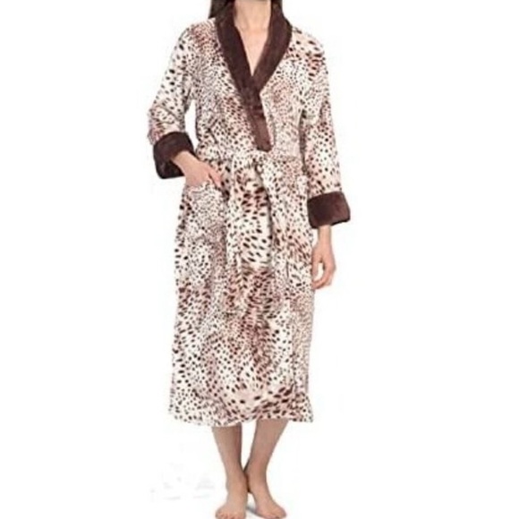 NATORI Animal Print Snow Leopard Plush Long Wrap Robe Loungewear Neutral Size XL - Picture 2 of 16